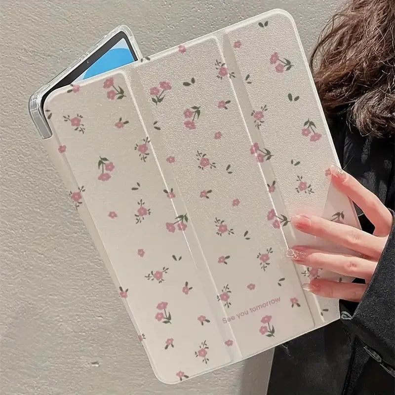 Transparent floral patterned iPad case showing three-fold magnetic stand positions
