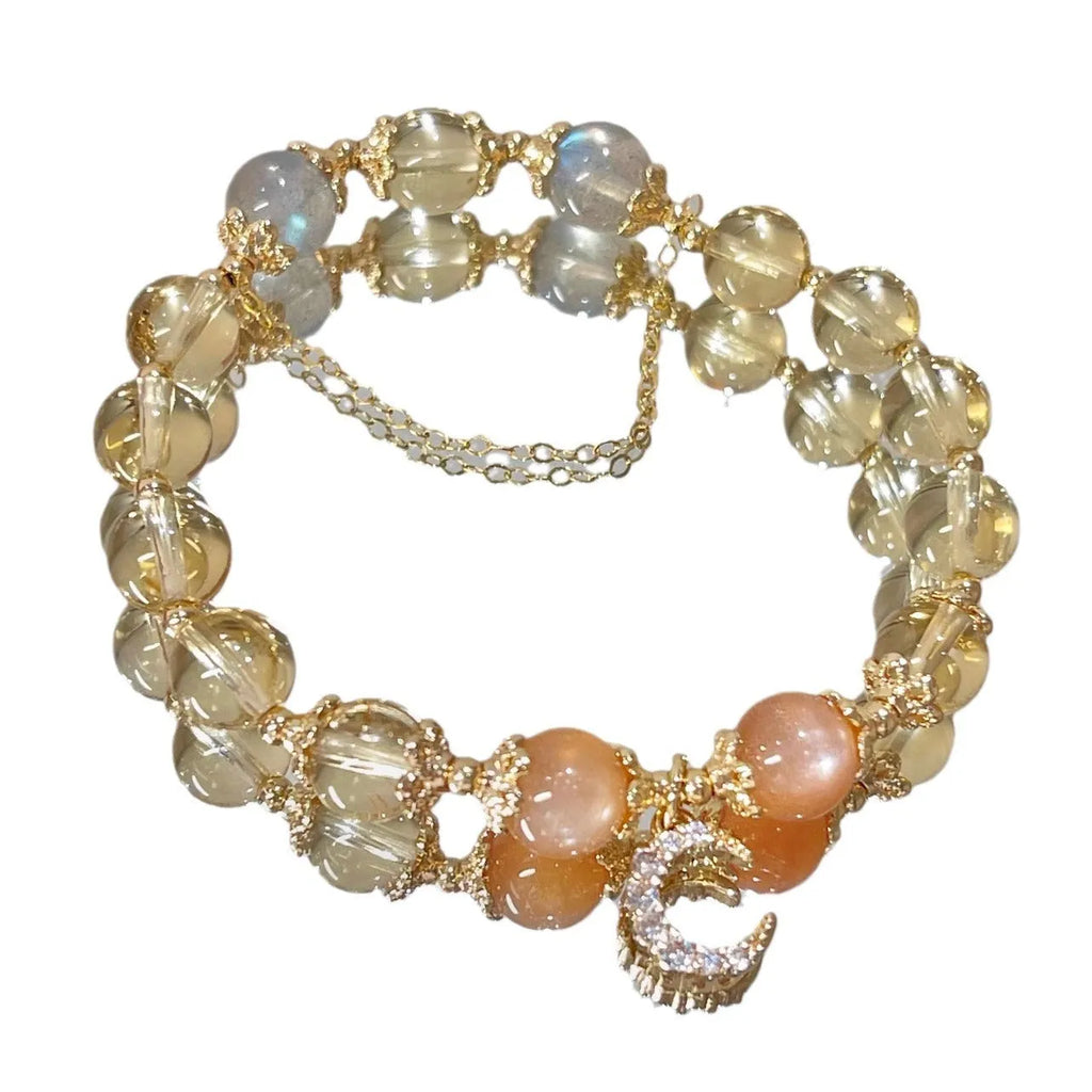 Women's crystal bracelet with moonstone, citrine stones and electroplated 14K gold gilding in diamond Chinese style