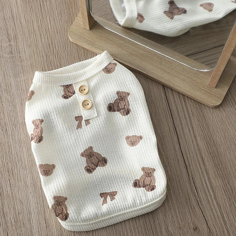 Beige waffle small dog clothes with short sleeves, polyester pet top in sizes M, L and XL