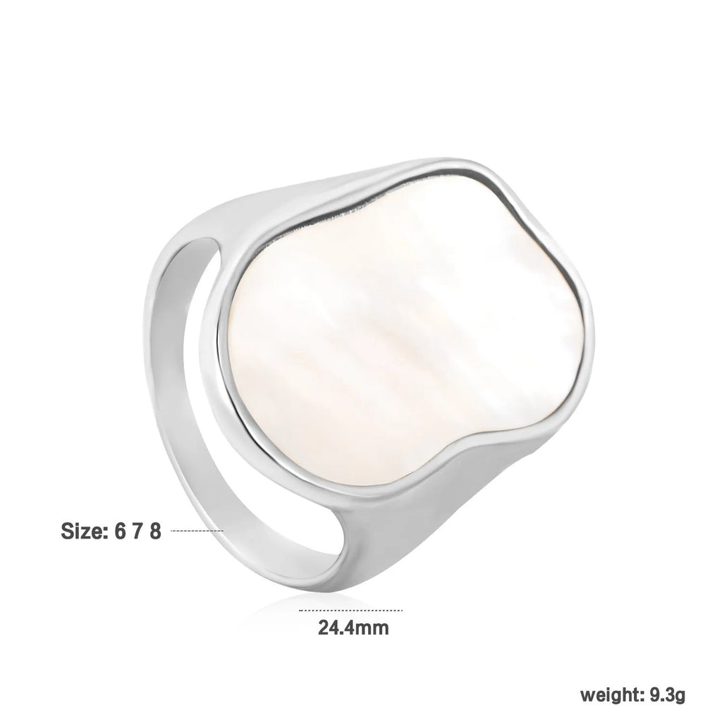 White shell ring with gold plated stainless steel band, diamond and geometric design, for women