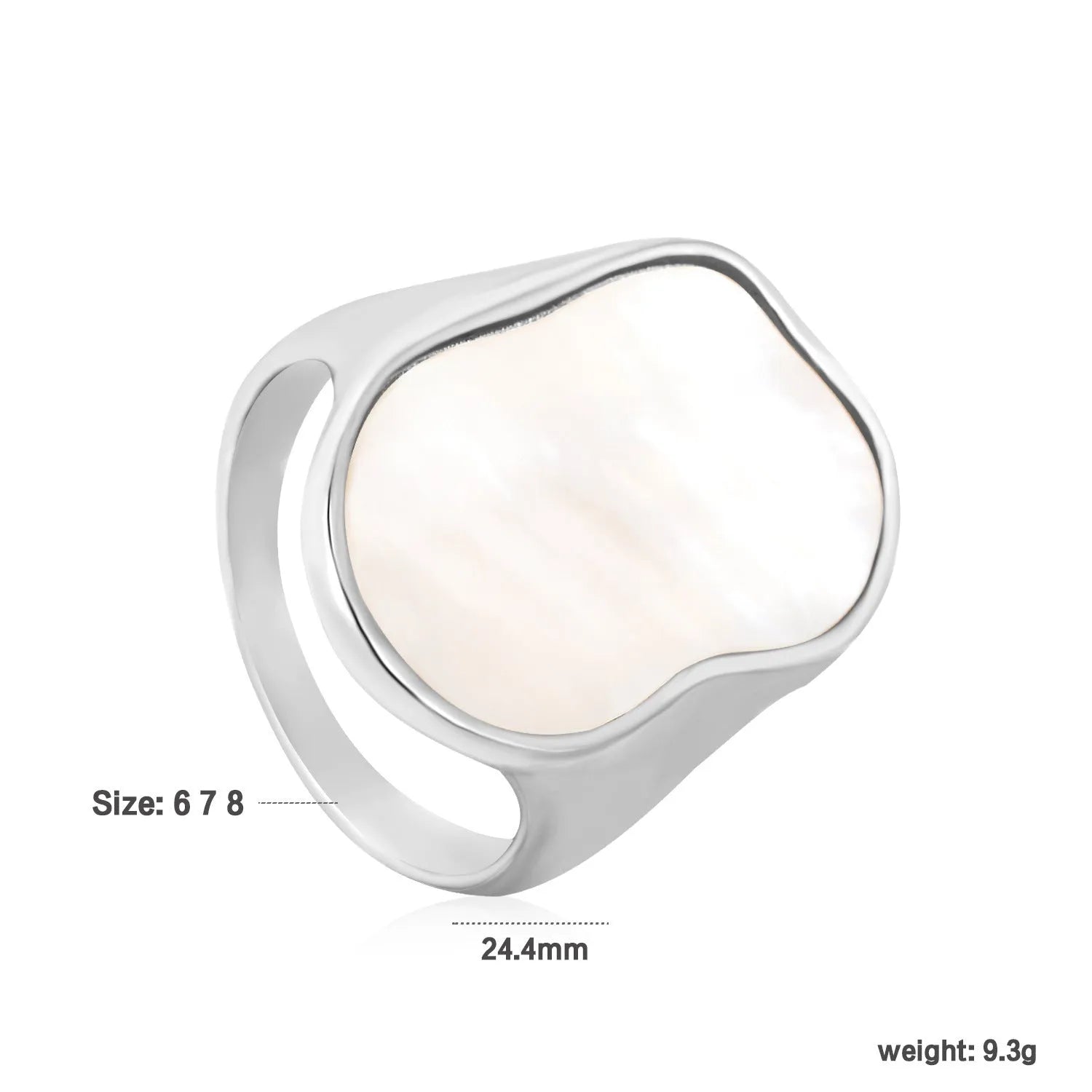 White shell ring with gold plated stainless steel band, diamond and geometric design, for women