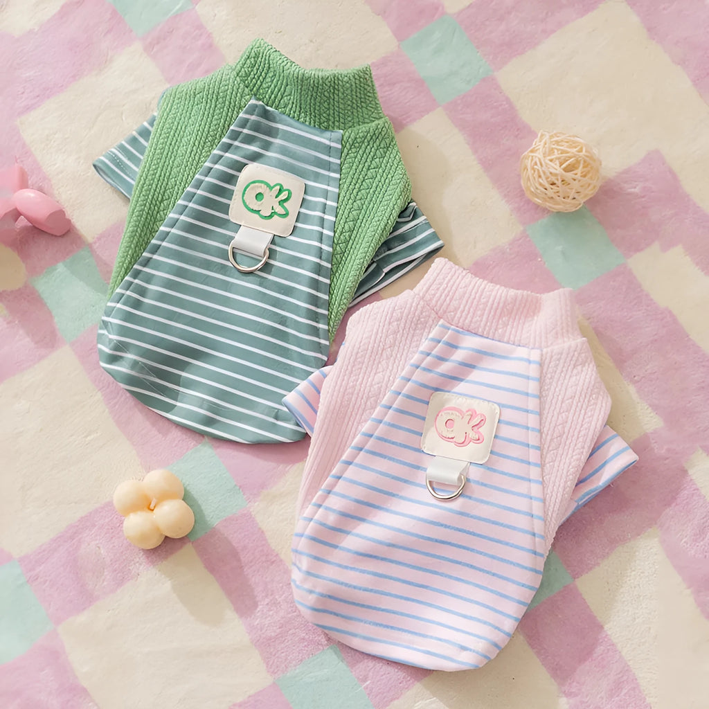 Cute striped dog shirt with metal belt loop, green and blue-green stripes, on a small dog