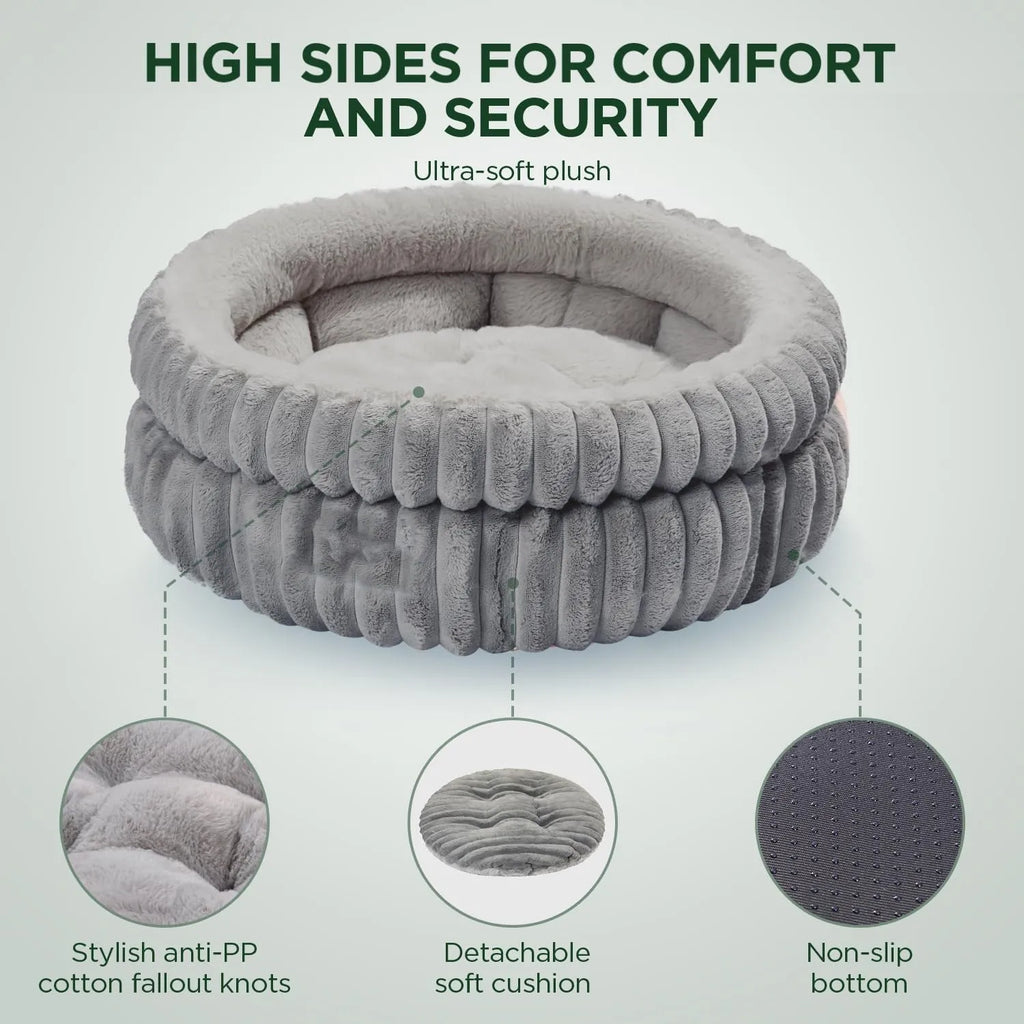 Washable round cat bed in beige with super soft plush faux fur and anti-slip bottom