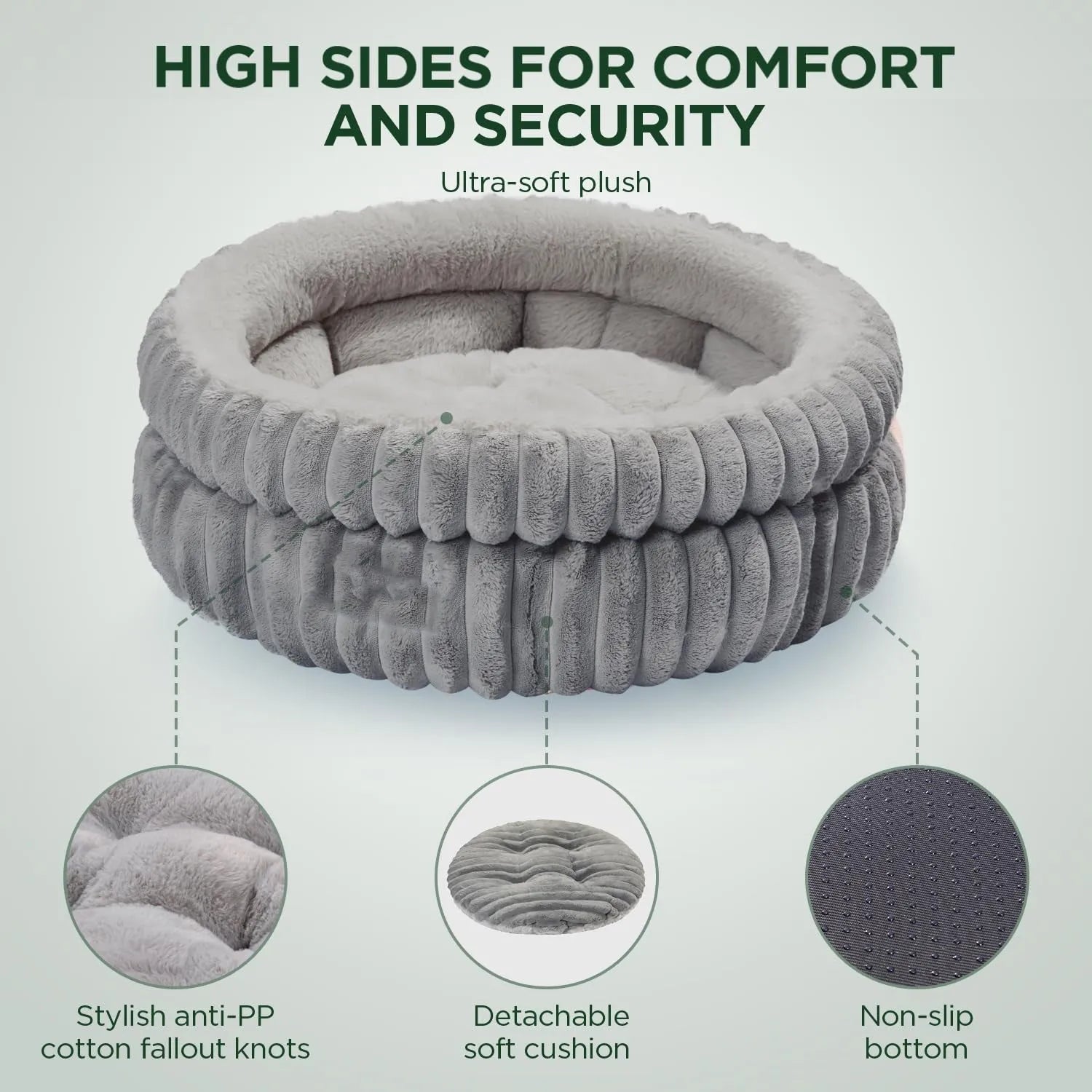 Washable round cat bed in beige with super soft plush faux fur and anti-slip bottom