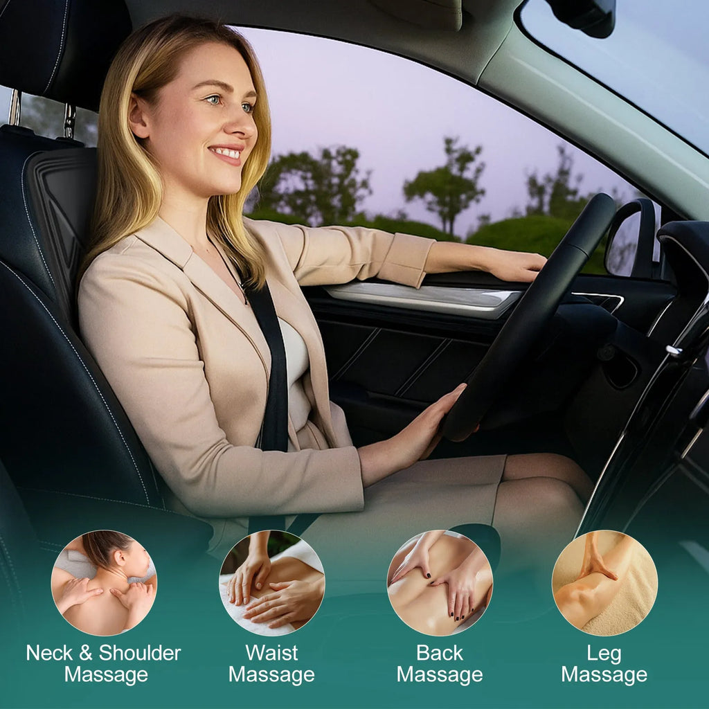 9-speed massage cushion with timer and heat on a black office chair, showing remote control and PU leather surface