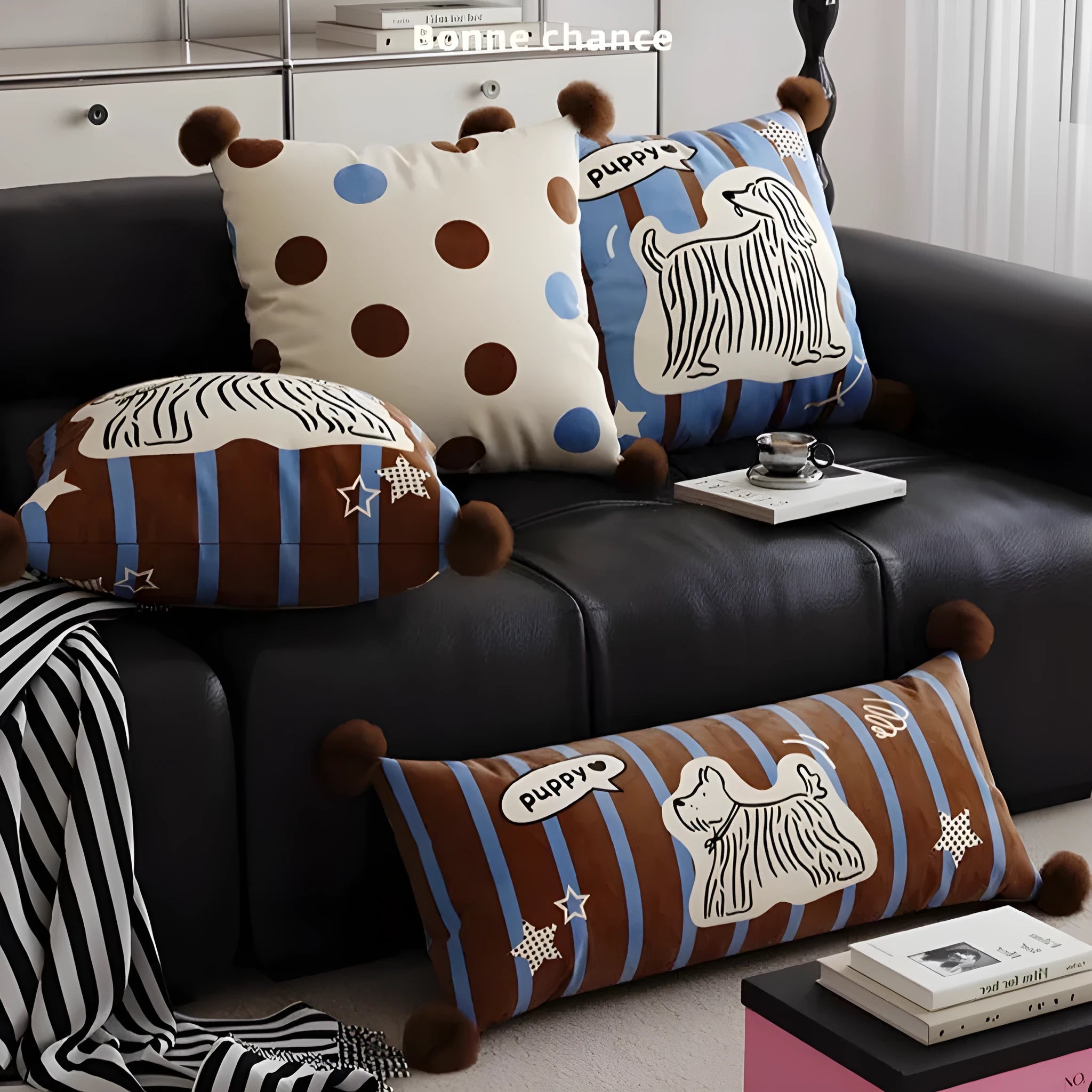Cartoon anime animal print cushion pillow and pillowcase set in blue, brown, or white on a sofa.
