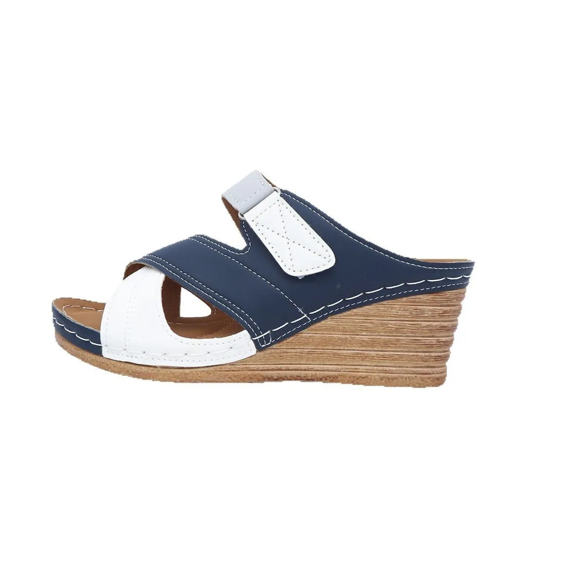 Women's black and white wedge slipper with a Velcro strap and fish mouth toe design.