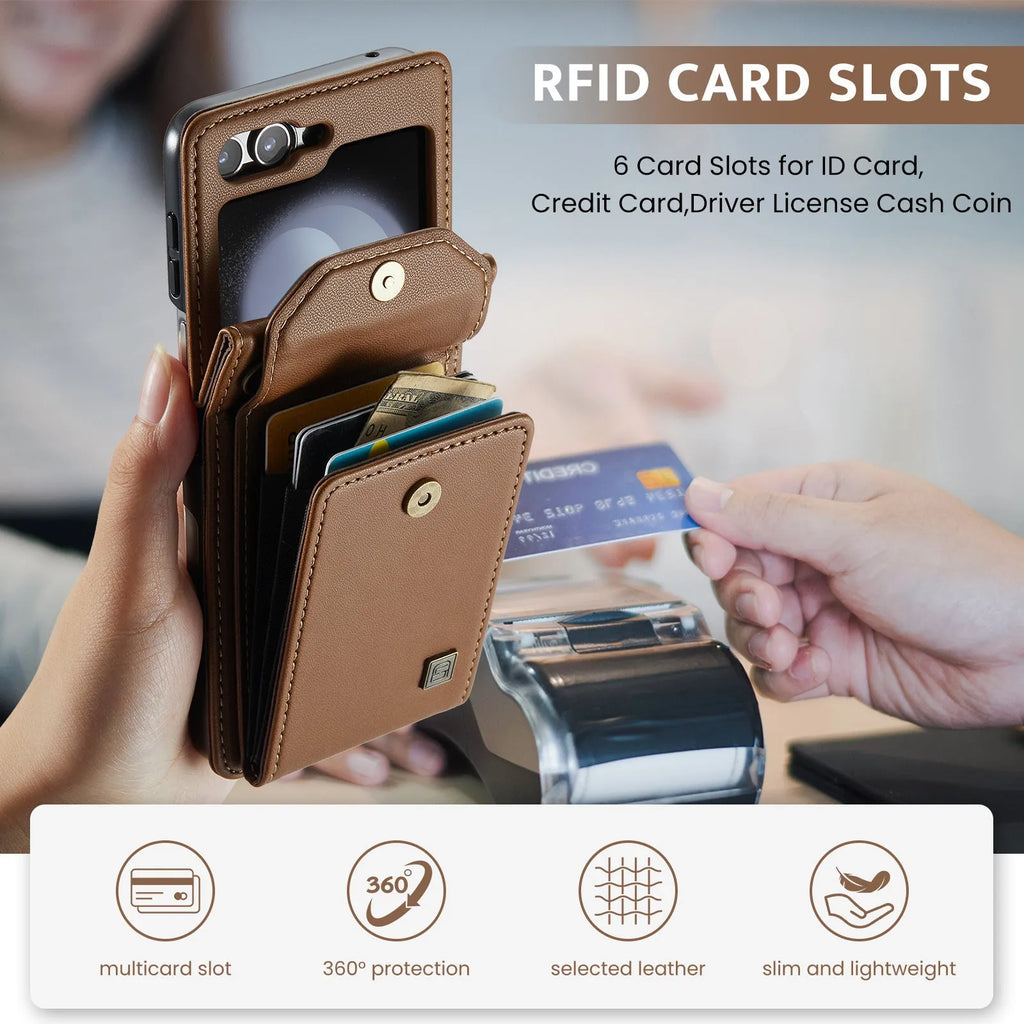 Folding three-in-one PU leather phone case for Samsung Z Flip 5 and Z Flip 6 with bracket and crossbody lanyard, shown in multiple colours