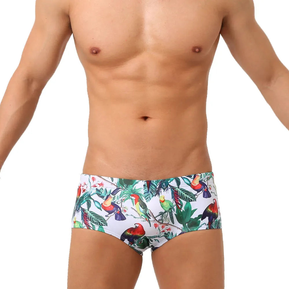 Men's flower-bird print swimming trunks with cup cover in nylon fabric