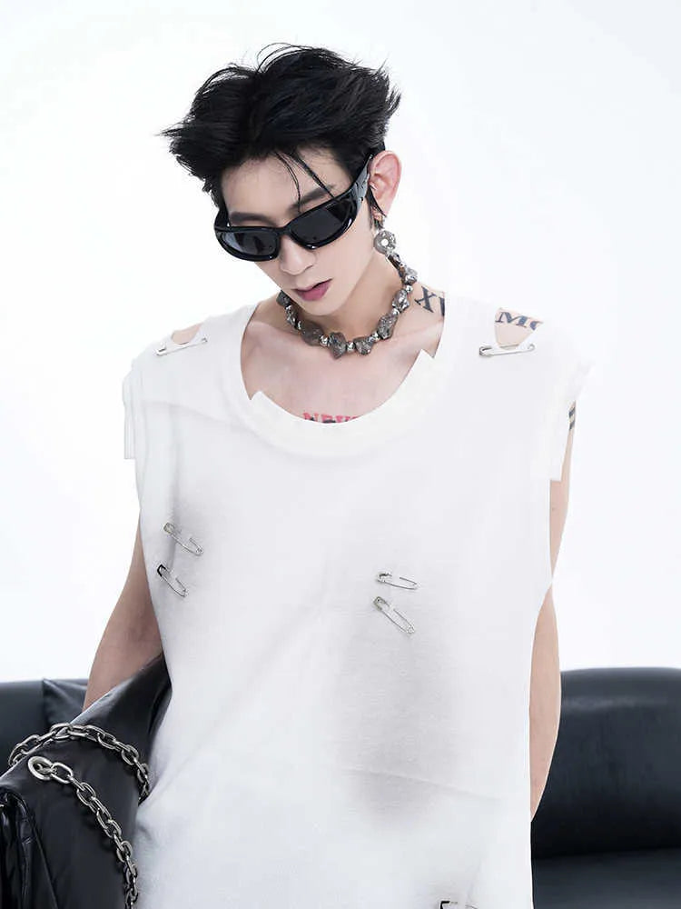 Men's black sleeveless t-shirt waistcoat with ripped irregular cutting detail and round neck collar