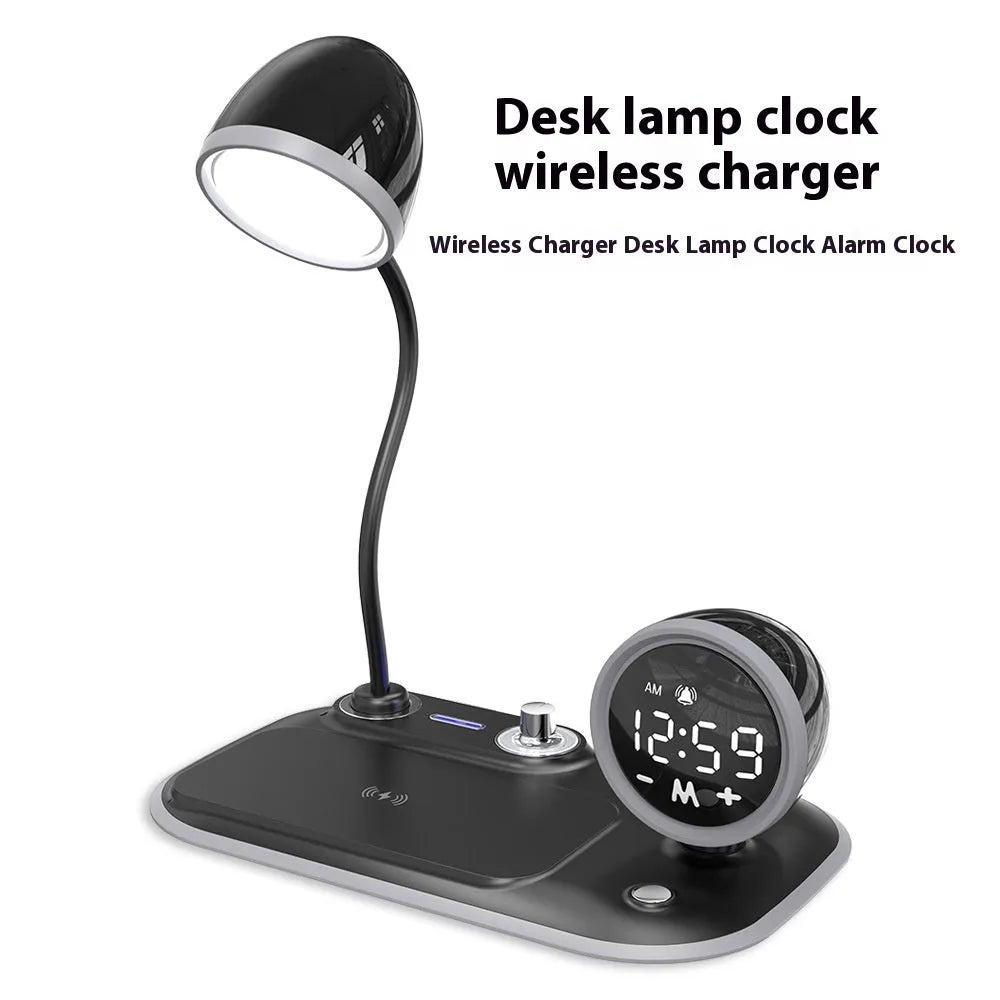 White three-in-one desk lamp showing digital clock display, wireless charging pad, and adjustable LED lighting