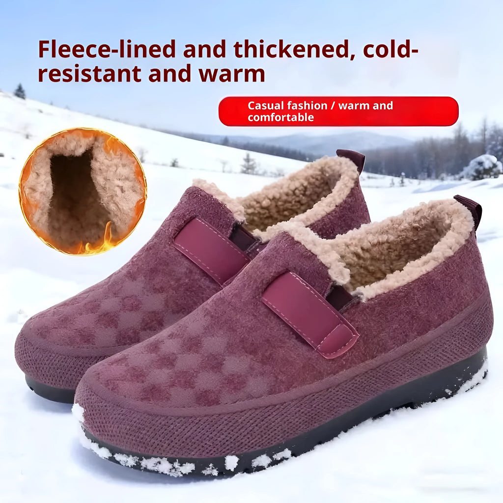 Women's Old Beijing cloth shoes with plaid upper, artificial velboa lining, and flat PVC sole in black, red, or khaki