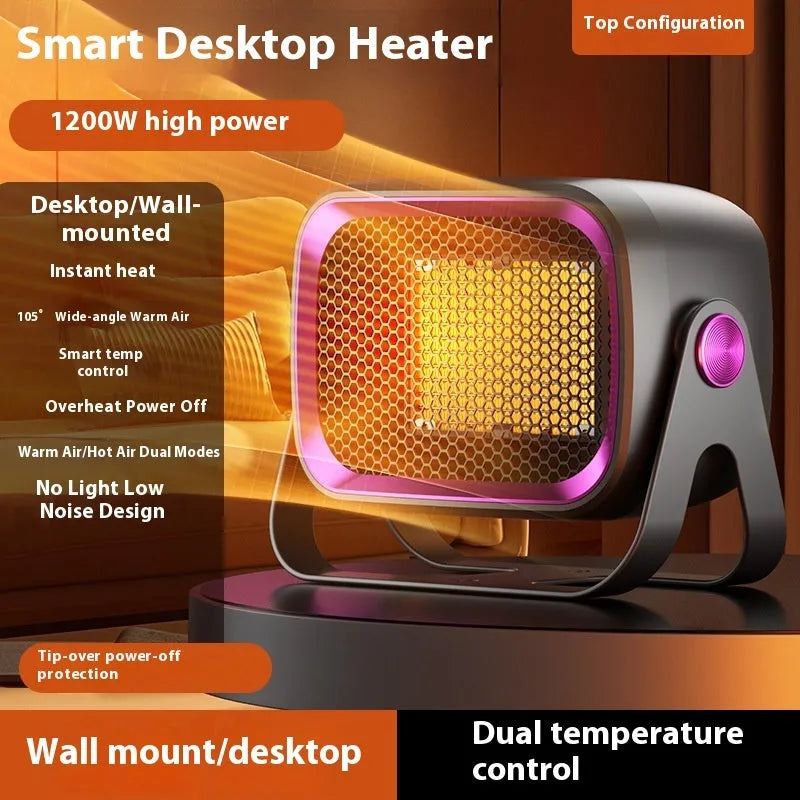 Compact desktop ceramic heater in white with push-button controls and rotatable air vents
