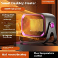 Compact desktop ceramic heater in white with push-button controls and rotatable air vents