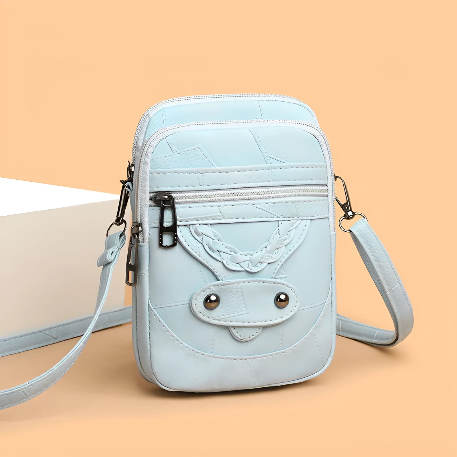 Soft PU leather mobile phone bag with square vertical design and retro weaving elements in choice of four colours