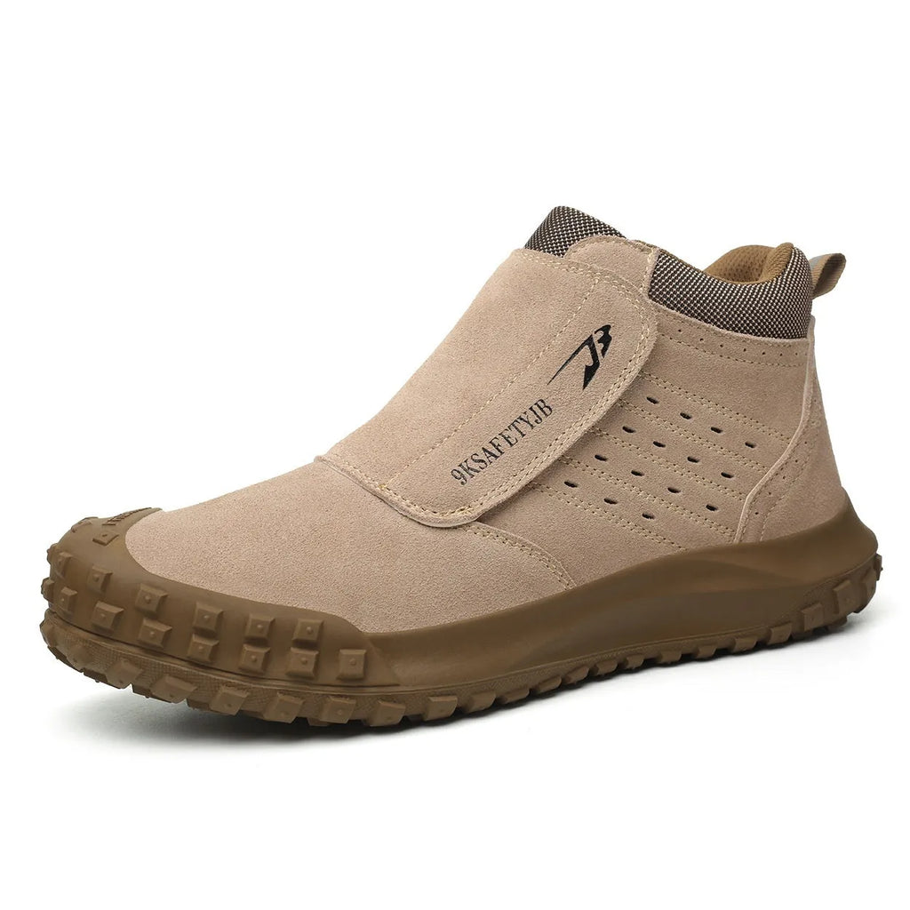 Steel toe cap welder protection shoes in sand colour with lace-up front and rubber sole.