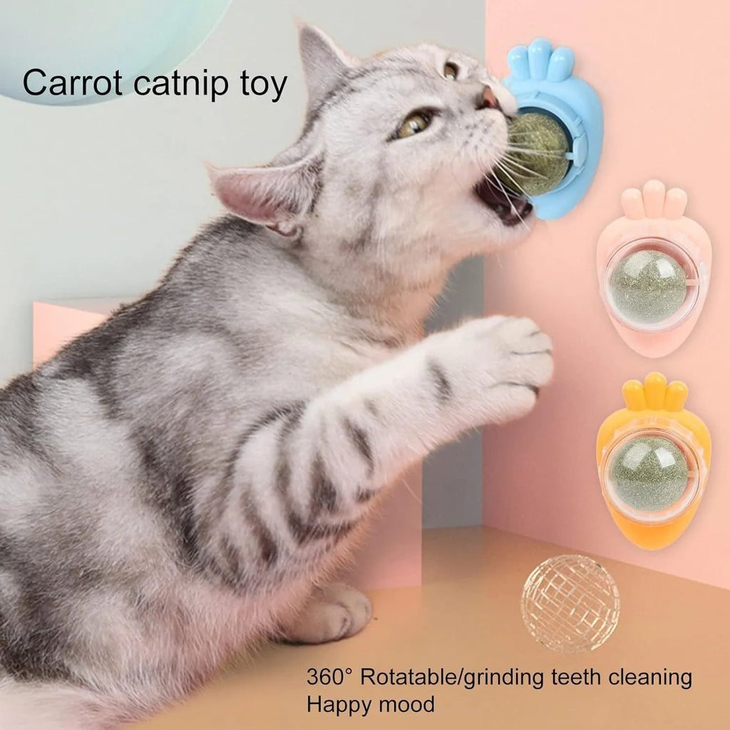 Blue carrot-shaped catnip dental toy with adhesive backing for wall mounting
