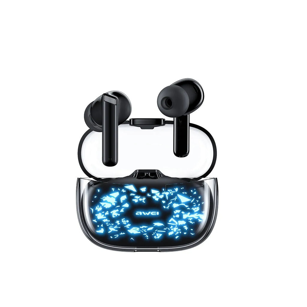 T52 transparent black TWS earbuds with charging case and breathing light