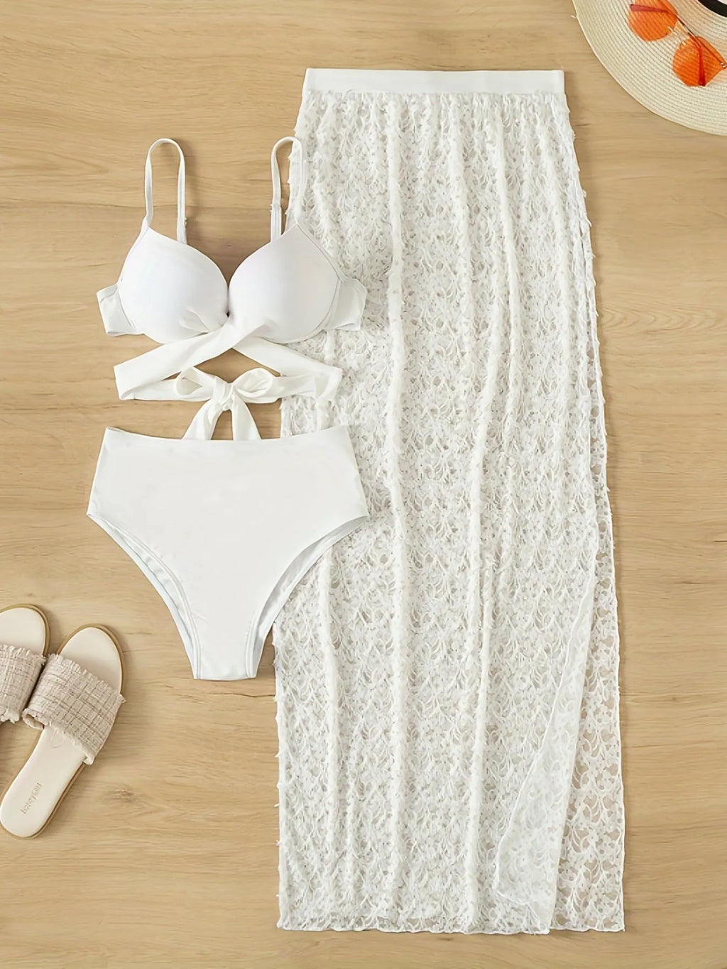 White nylon swimsuit set with gathered long skirt, top, and briefs for swimming sports
