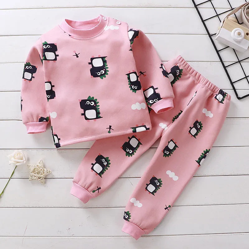 Children's fleece-lined thermal underwear set in coral fleece with cartoon print, suitable for winter autumn spring, sizes 73-130cm