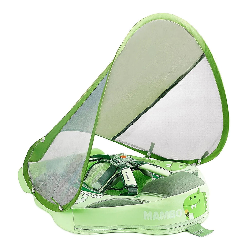 Avocado green dinosaur baby swimming ring with sun shade inflated