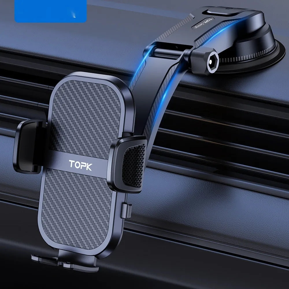 Universal car phone holder showing five different mounting bracket styles for windshield, dashboard and air vent installation.