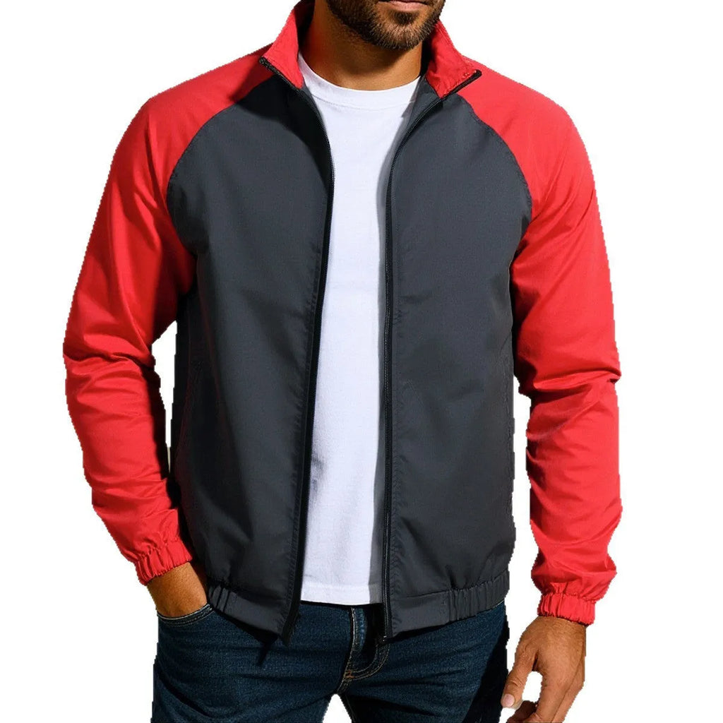 Men's casual coat with stand collar and contrast colour, raglan sleeves, loose fit, in red colour