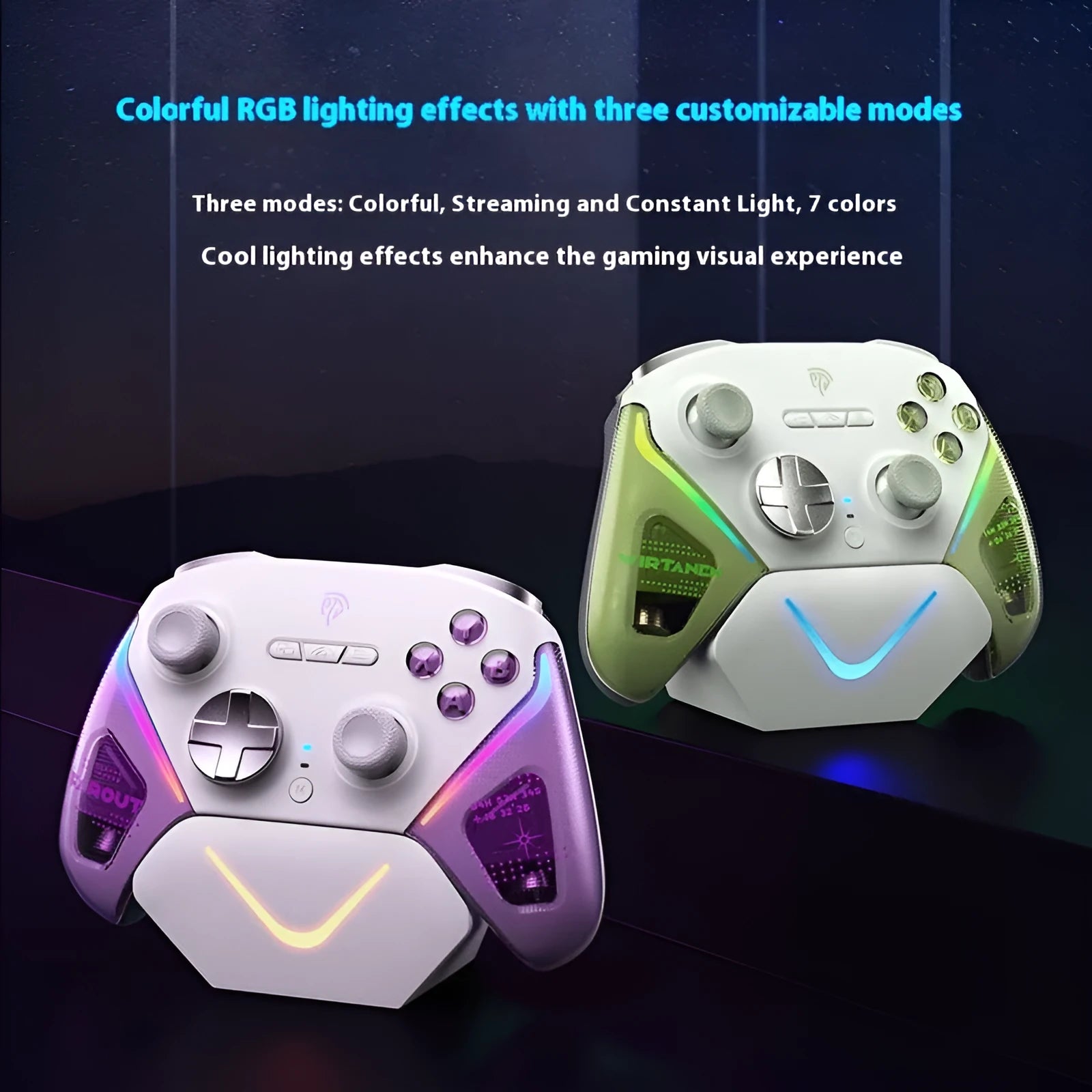 Smart Startstop Rocker game controller on its charging base, shown in Black, Green, and Purple colour options.
