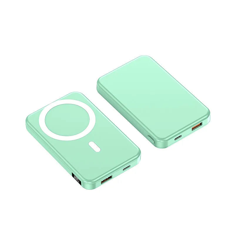 Ultra-thin 10000mAh power bank with magnetic wireless charging for iPhone in black, blue, and white colours