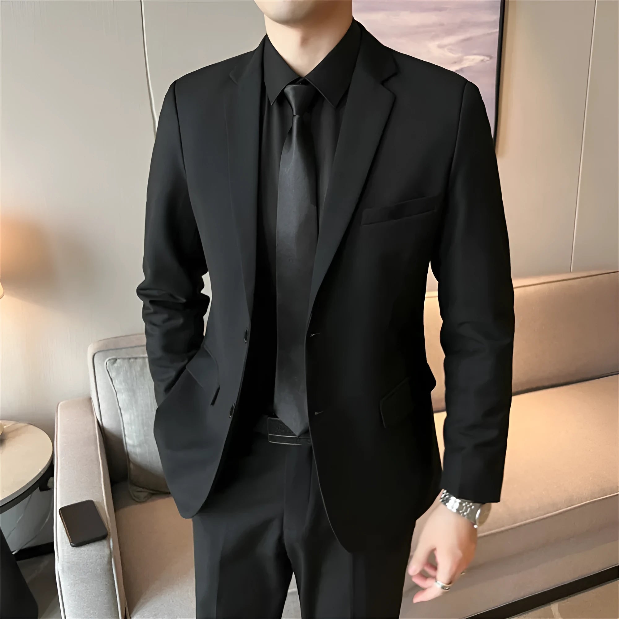 Men's slim fit corduroy suit set including jacket, trousers, shirt, and tie in a spring business casual style