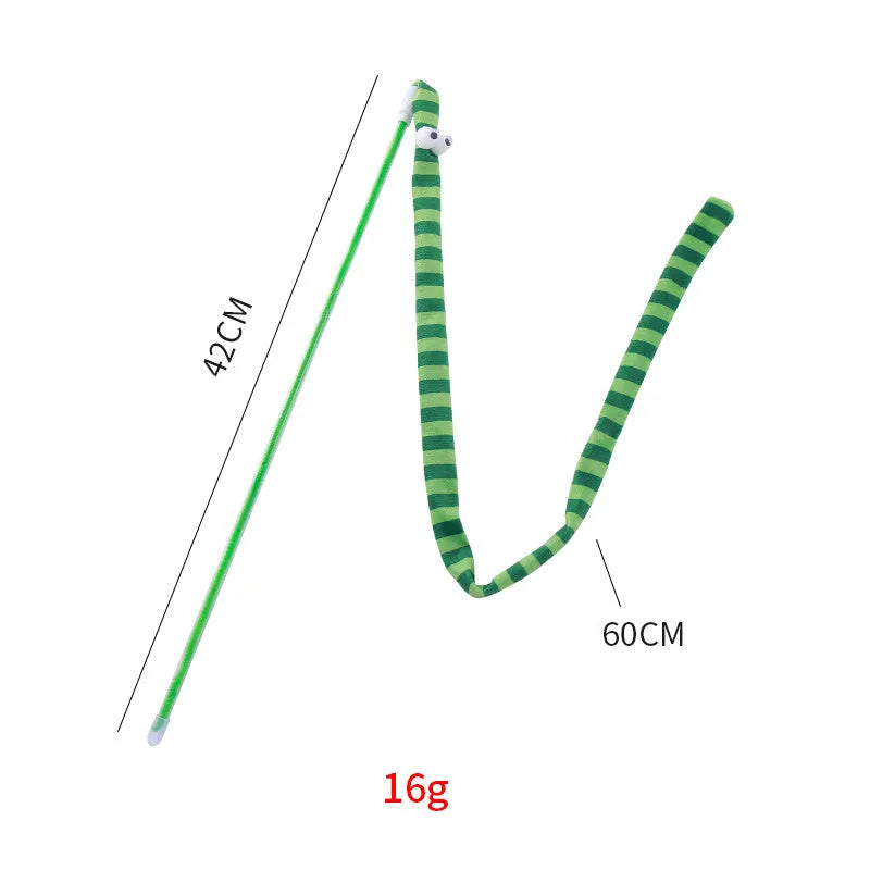 Cat wand teaser toy with a polycarbonate handle and a long green plush strip with a bell.