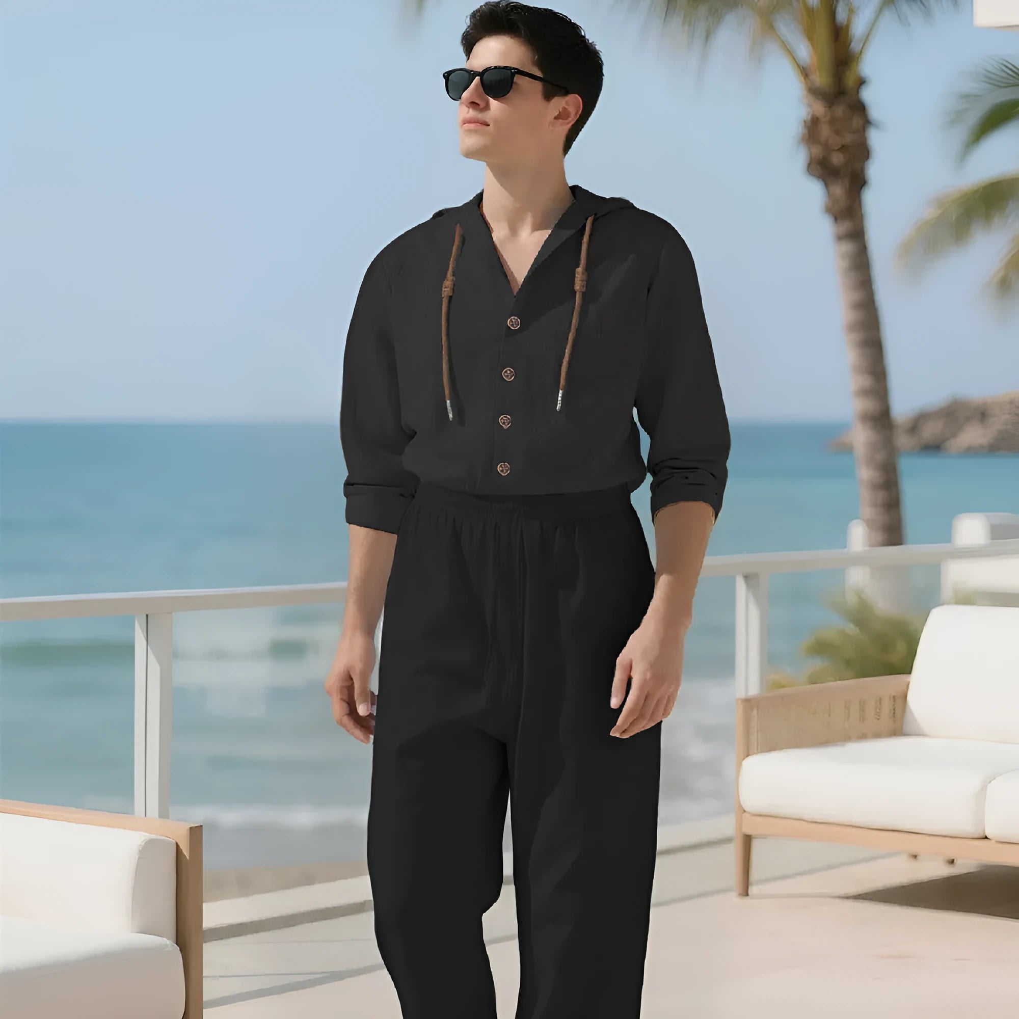 Men's two-piece cotton casual suit with long sleeves and trousers on a hanger