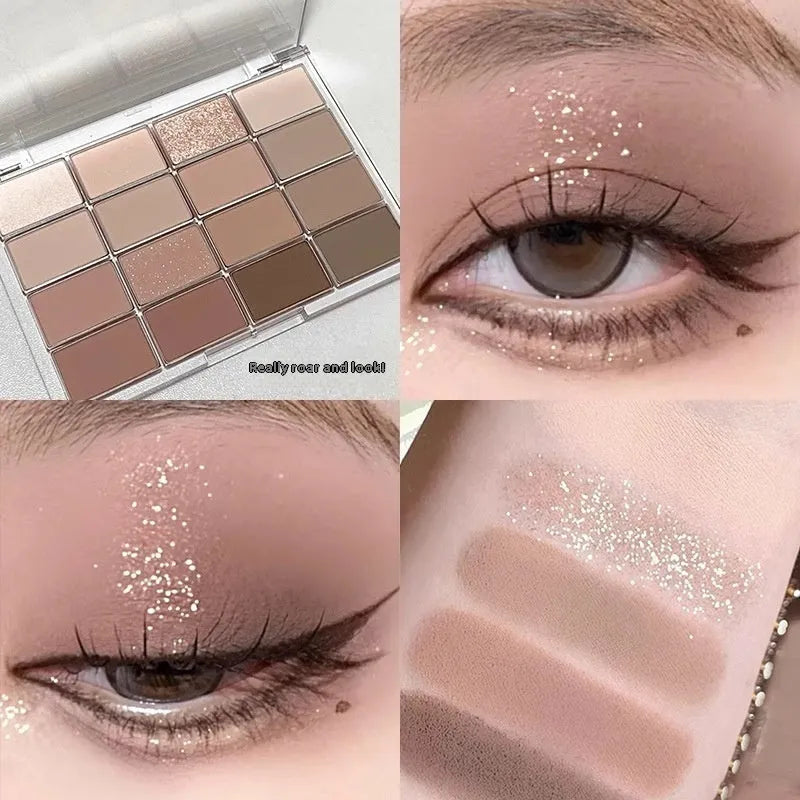 16 colour eyeshadow palette showing shimmer and matte shades in pink, brown and lavender colours