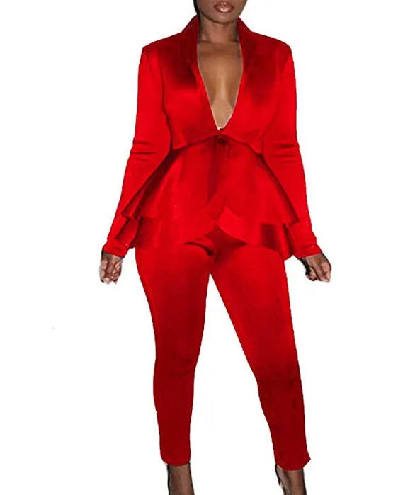 Women's white ruffled business shirt and black pencil pants from a formal two-piece uniform set.