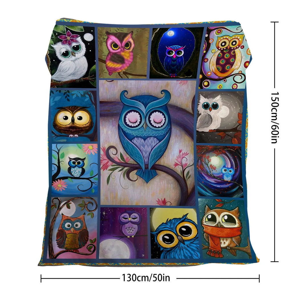 Soft flannel owl pattern blanket in multicolour, available in 75x100cm, 130x150cm, 150x200cm sizes