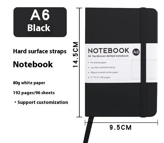 A5 and A6 size notebooks with soft skin-feel PU leather covers and a strap, shown in various colours next to open pages with horizontal ruled lines.