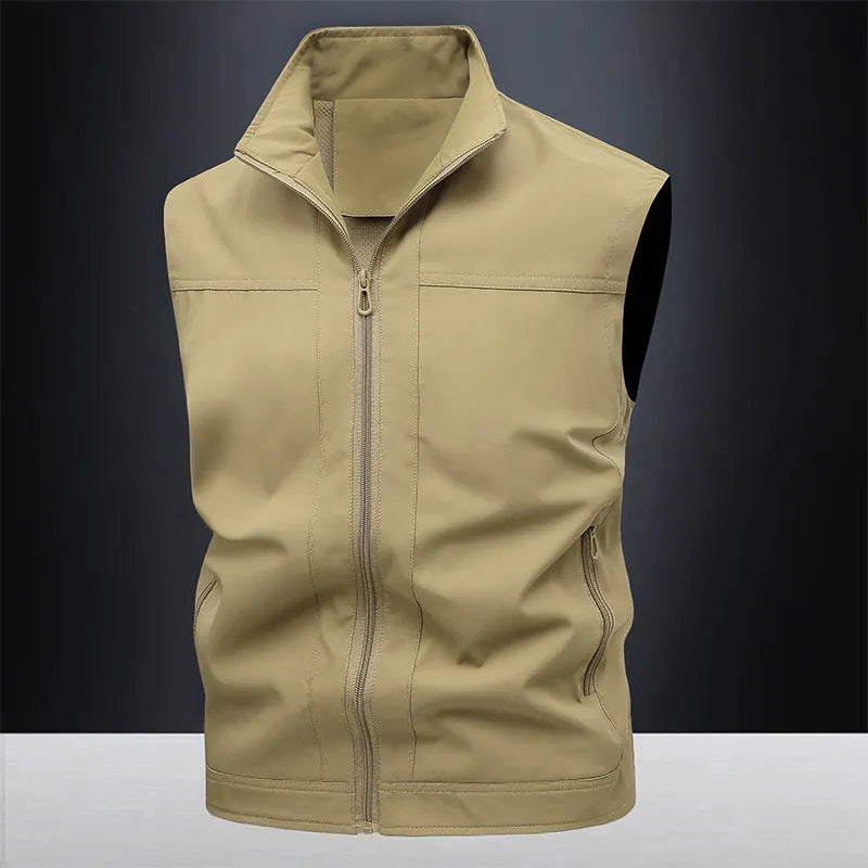 Men's casual polo shirt with stand-up collar in polyester blend fabric showing loose fit design