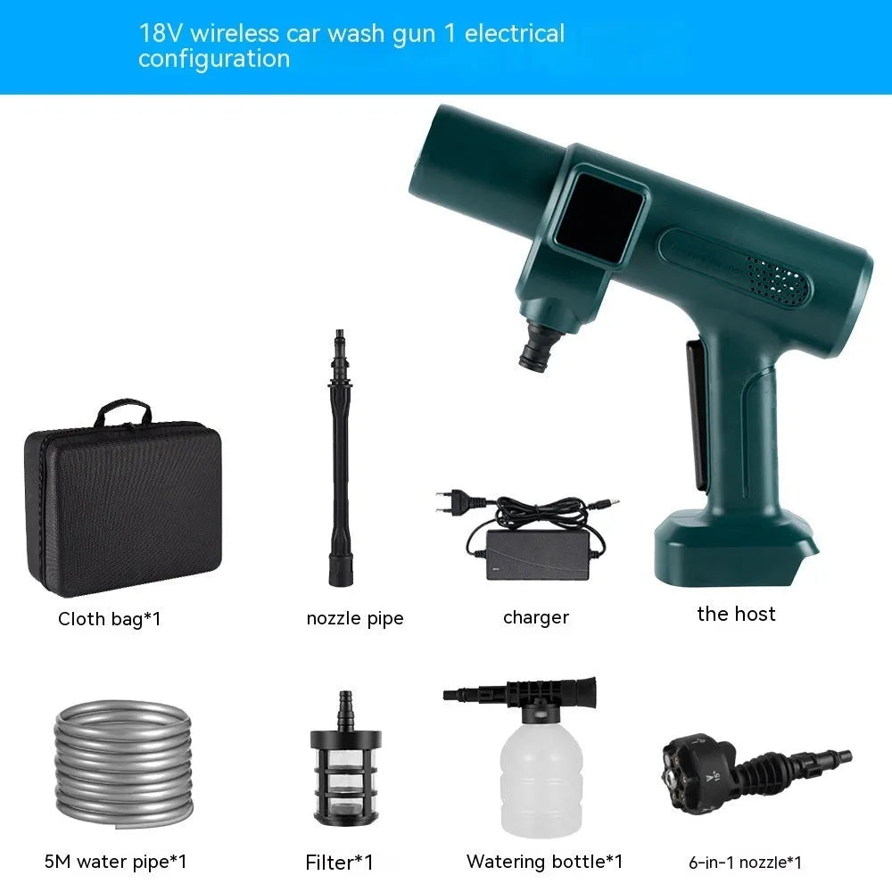Cordless brushless water gun with stainless steel gun head, 18V, 25m spray distance, for car washing and landscaping.