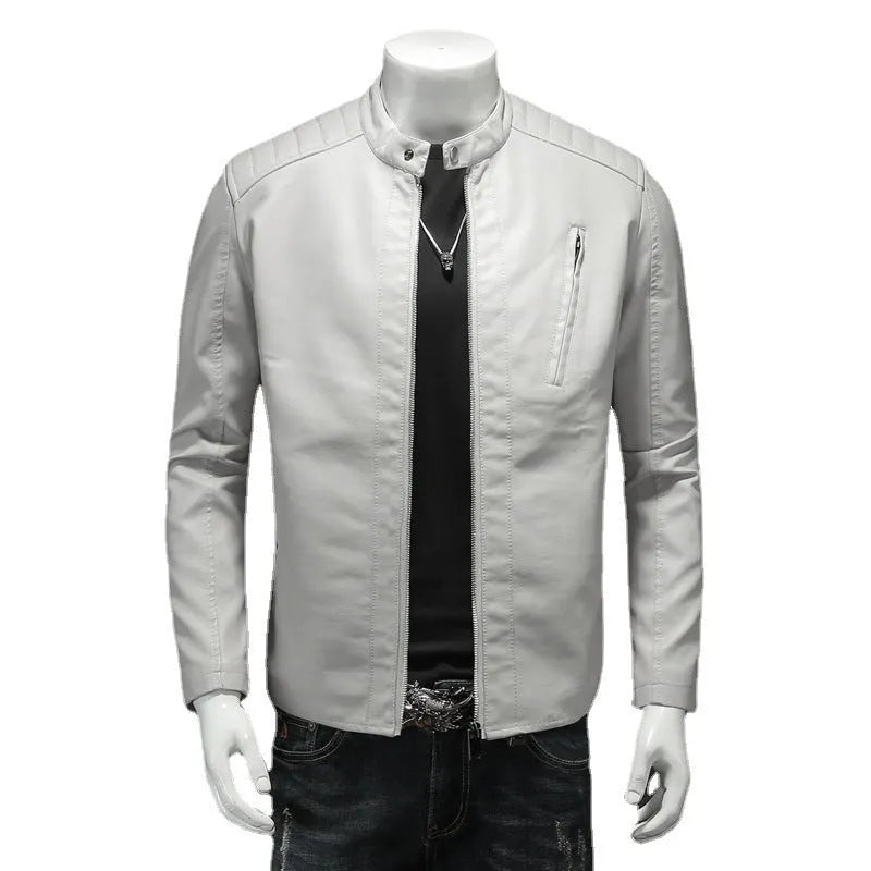 Plus size men's black PU leather jacket with stand collar, front zip, and zipper pockets, available in sizes M to 5XL