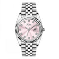 Women's casual quartz watch with solid steel belt, gold case, and white dial with calendar display