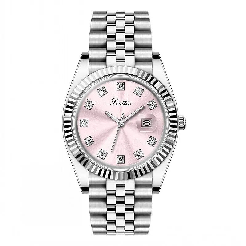 Women's casual quartz watch with solid steel belt, gold case, and white dial with calendar display
