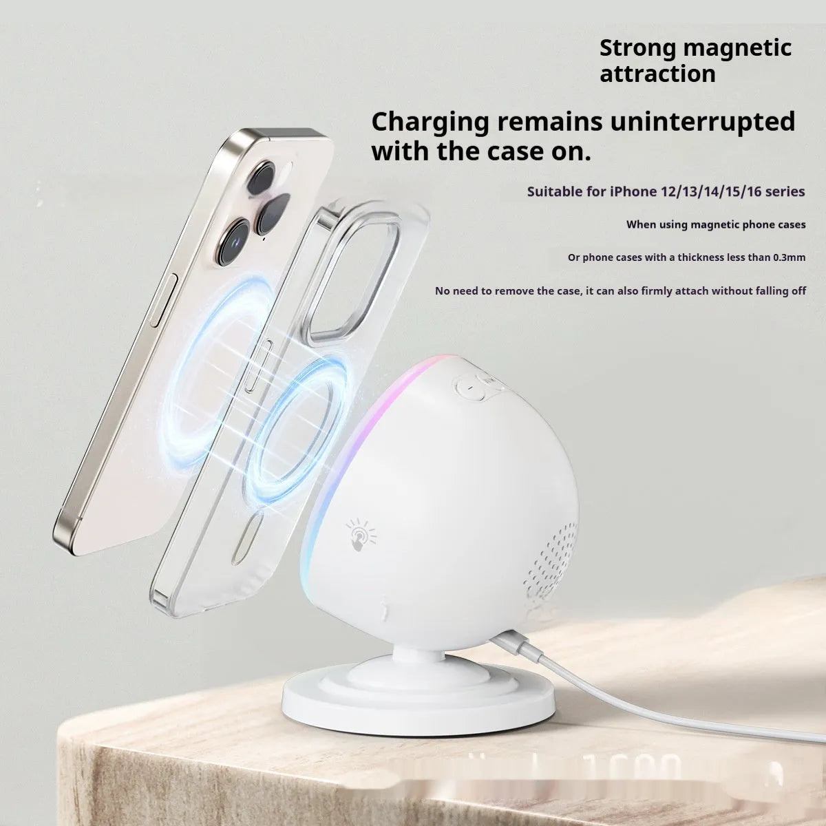 Three-in-one wireless charger with Bluetooth speaker and coloured lights in white finish on a desk