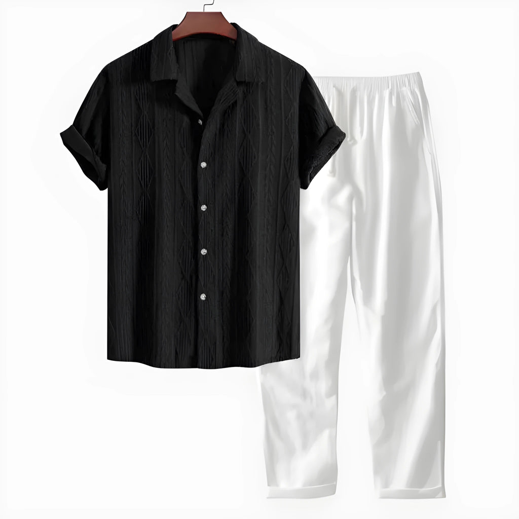 Slim-fit men's camouflage print shirt and trousers casual suit set on a hanger.