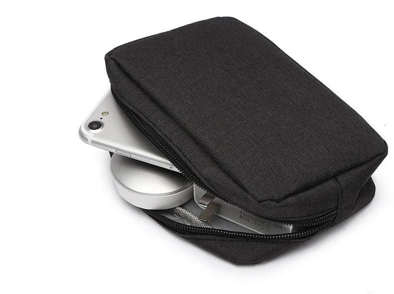 Multi-purpose polyester buggy bag for digital accessories and travel items, shown in gray handbag style