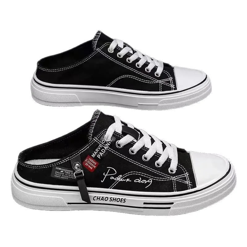 Men's canvas slip-on shoes in black and blue with round toe and PVC soles