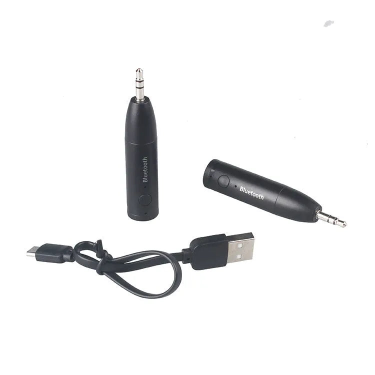 Black Bluetooth audio receiver for car stereo AUX input with USB cable