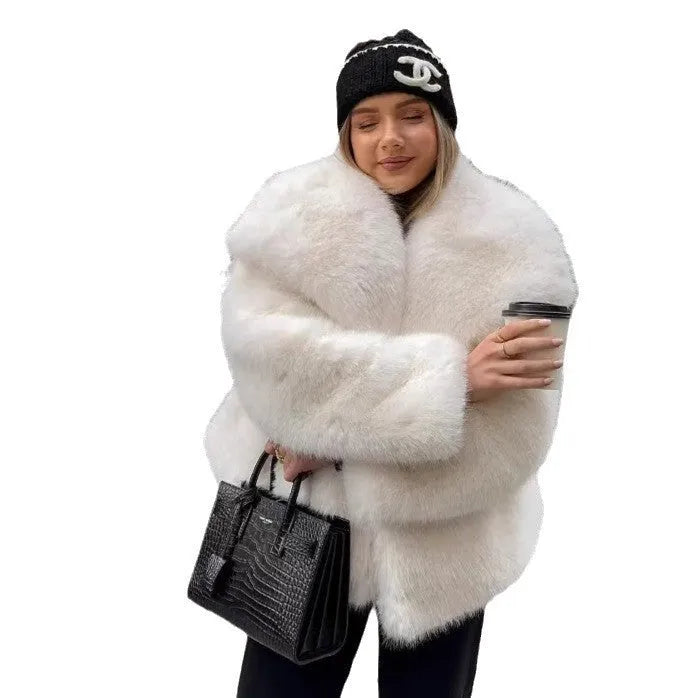 Women's artificial fur coat with large lapel, fluffy texture, side pockets, in high quality black or white