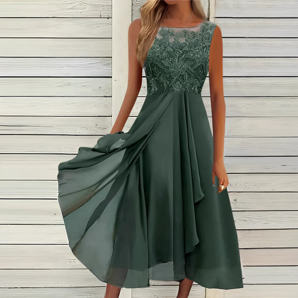 Women's sleeveless green chiffon dress with white stitching lace and hollow-out detail, mid-length skirt.