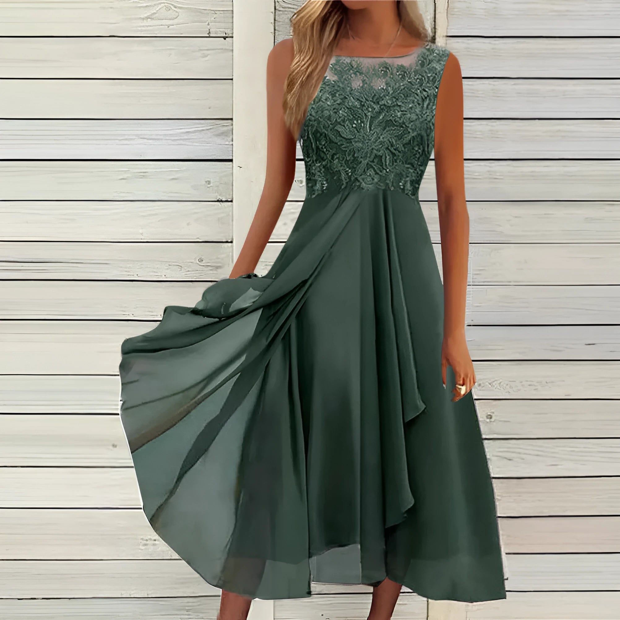 Women's sleeveless green chiffon dress with white stitching lace and hollow-out detail, mid-length skirt.