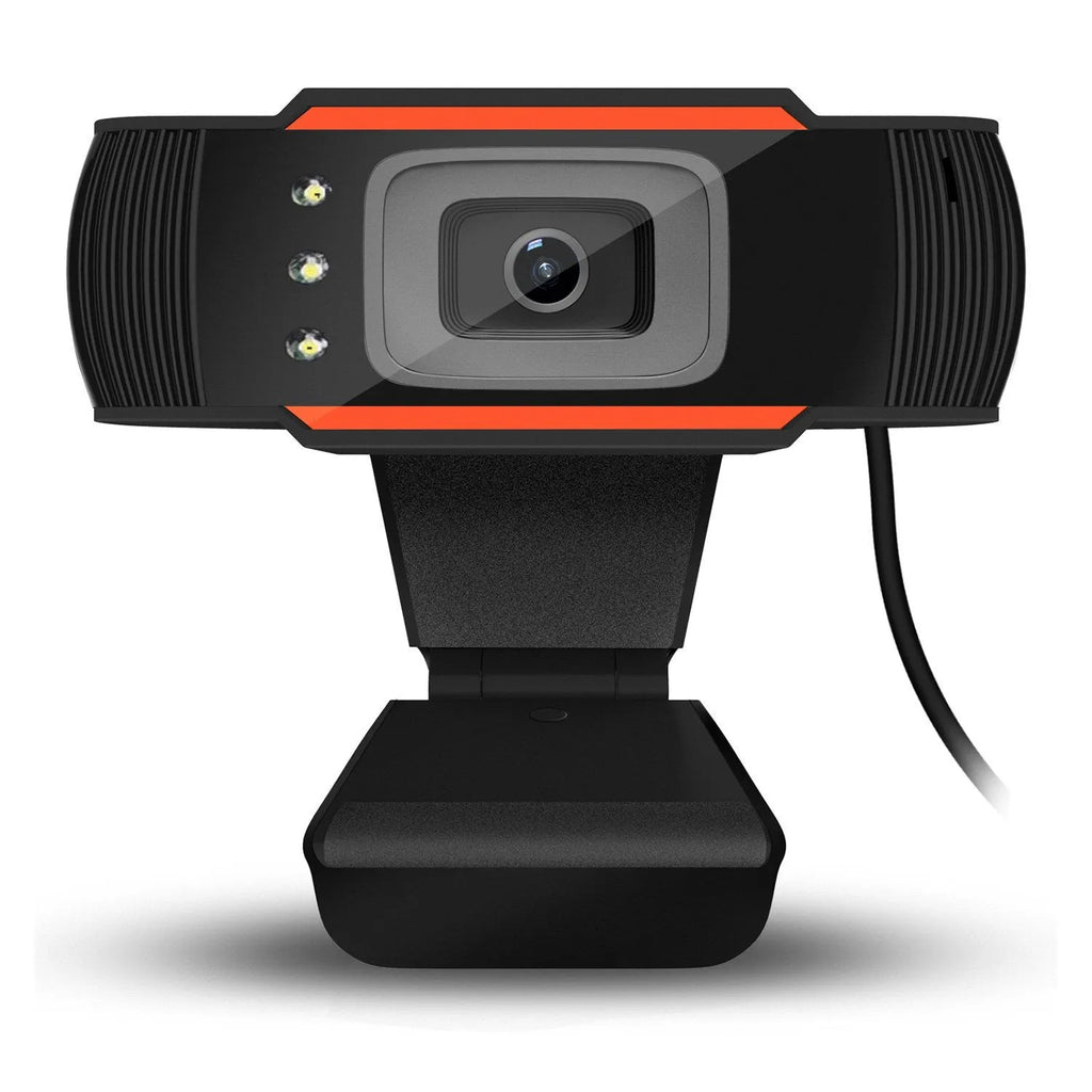 Black USB webcam with LED fill light on a desktop computer, showing built-in light ring and compact ABS housing